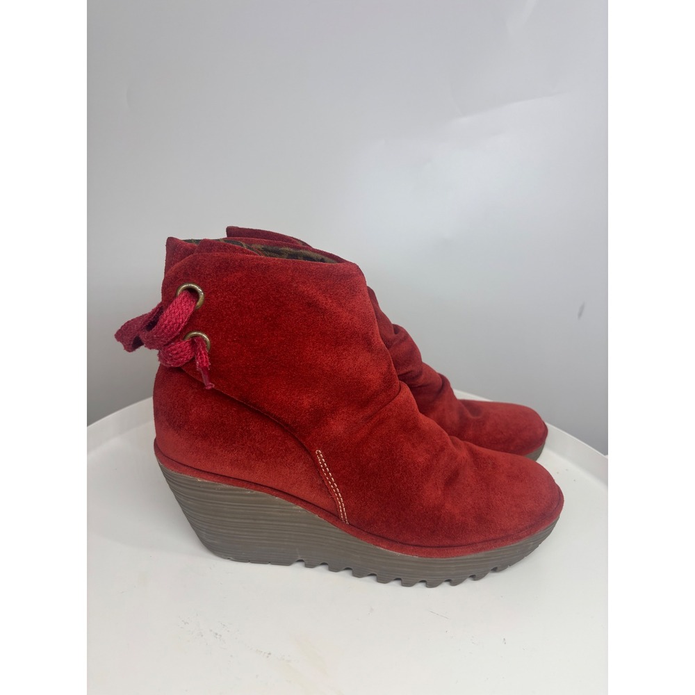 Fly London Yule Red Suede Wedge Ankle Boots Slouchy Lace Up Womens 39